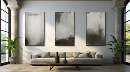 four black picture frames on a flat white wall, in the style of unreal engine 5, minimalist grids