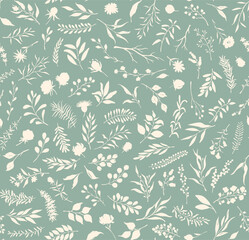 various botanical silhouettes, floral branches twigs flowers berries and leaves seamless pattern, vector illustration nature organic wildflowers wild herbs sage green and cream repeat texture.