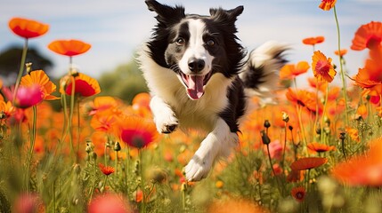 Funny portrait of border collie dog running in blooming flower field - obrazy, fototapety, plakaty