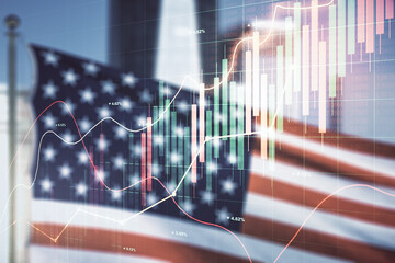 Multi exposure of virtual creative financial chart hologram on USA flag and blurry skyscrapers background, research and analytics concept