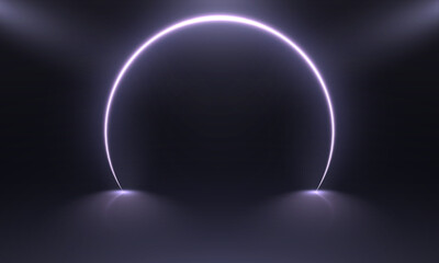 White neon glowing circle on dark interior. 3d vector template for design. Vector 3d render, blue neon round frame, circle, ring shape, empty space, ultraviolet light, 80's retro style, fashion show s