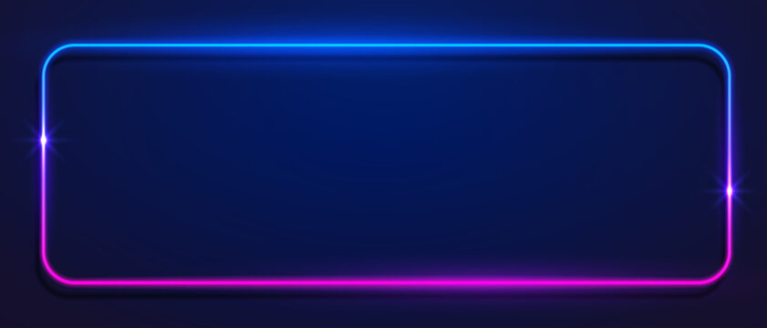 Vector 3d render, square glowing in the dark, pink blue neon light, illuminate frame design. Abstract cosmic vibrant color backdrop. Glowing neon light. Neon frame with rounded corners.	