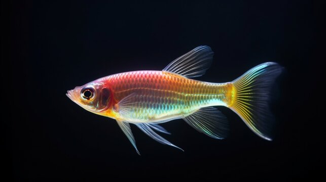 A detailed shot of a male Threadfin Rainbowfish (Iriatherina werneri) showcasing its iridescent colors during a courtship dance.