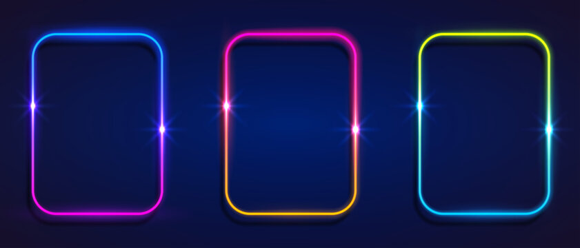 set of vector 3d render squares glowing in the dark, pink blue neon light, illuminate frame design. Abstract cosmic vibrant color backdrop. Glowing neon light. Neon frame with rounded corners.