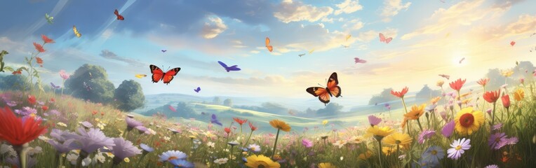 Spring meadow with blooming flowers and butterflies - obrazy, fototapety, plakaty