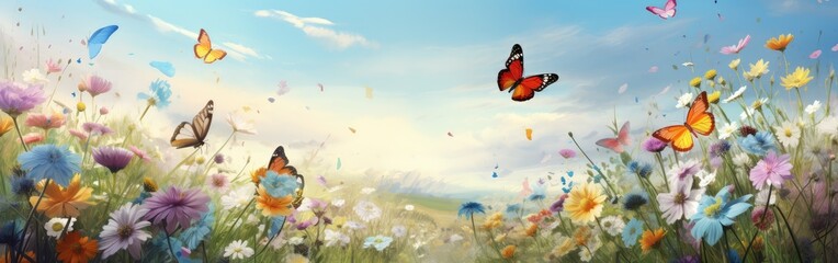 Spring meadow with blooming flowers and butterflies