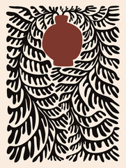 groovy funky wavy mid mod modern abstract curvy tilted hanging  plant in a vase art poster design, vector illustration botanical, graphic print in indigo black and beige colors