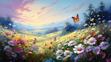 Obraz premium Spring meadow with blooming flowers and butterflies