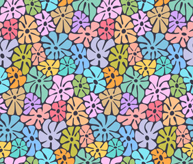 modern abstract colorful rainbow groovy funky hippie retro vintage flowers seamless repeat pattern, vector illustration graphic print