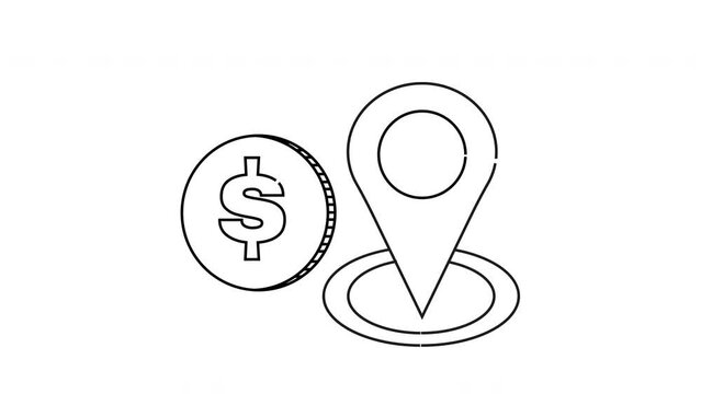 Animated sketches of location icons and dollar coin icons