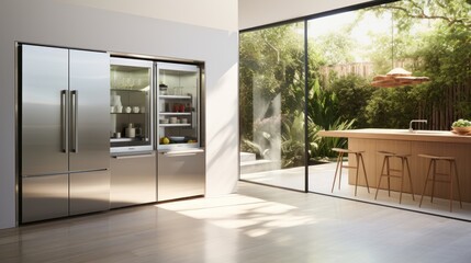 Sleek Stainless Steel Refrigerator in Modern Kitchen - obrazy, fototapety, plakaty