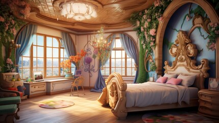 A whimsical and colorful children's bedroom in a fairytale setting