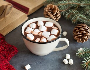 Cocoa, coffee, gift, fir branch, nuts, cones, cozy knitted blanket. Winter, New Year, Christmas