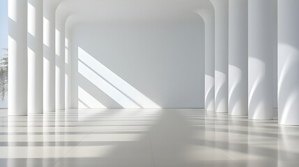 white shadows in an empty room, in the style of panel composition mastery, minimalist sets