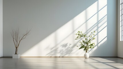 white shadows in an empty room, in the style of panel composition mastery, minimalist sets