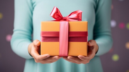 Woman hands holding a color giftbox with a ribbon, copy space, 16:9