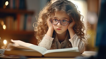 Concentratedwhite girl  child doing his homework at home. The girl struggles to read a book. Education, school, learning disability, reading difficulties, dyslexia concept generative ai - obrazy, fototapety, plakaty