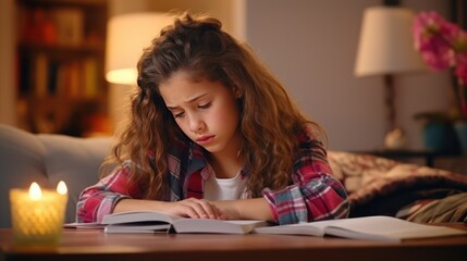 Concentratedwhite girl  child doing his homework at home. The girl struggles to read a book. Education, school, learning disability, reading difficulties, dyslexia concept generative ai - obrazy, fototapety, plakaty
