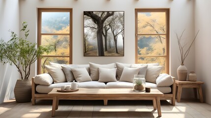 wooden sofa with natural frame for living room, in the style of minimalist nature studies, cottagecore, light beige and beige