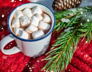 Cocoa, coffee, gift, fir branch, nuts, cones, cozy knitted blanket. Winter, New Year, Christmas