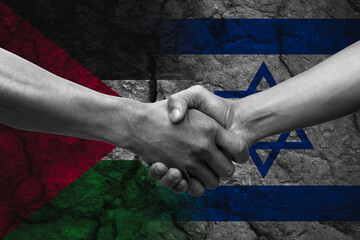 Handshake, agreement, friendship concept with Palestine vs Israel flags are made from ground cracks