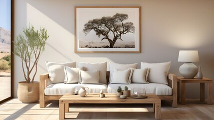 beige sofa with a wooden frame and glass, in the style of cottagecore, minimalist purity
