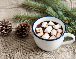 Cocoa, coffee, gift, fir branch, nuts, cones, cozy knitted blanket. Winter, New Year, Christmas
