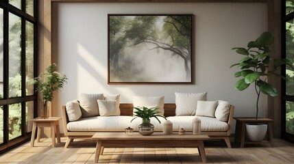 beige sofa with a wooden frame and glass, in the style of cottagecore, minimalist purity