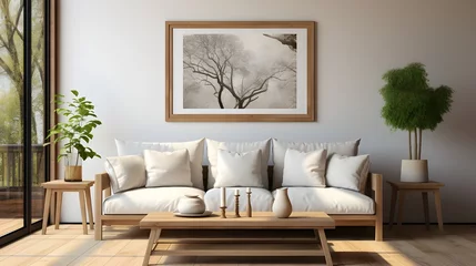 Fotobehang beige sofa with a wooden frame and glass, in the style of cottagecore, minimalist purity © Muzikitooo