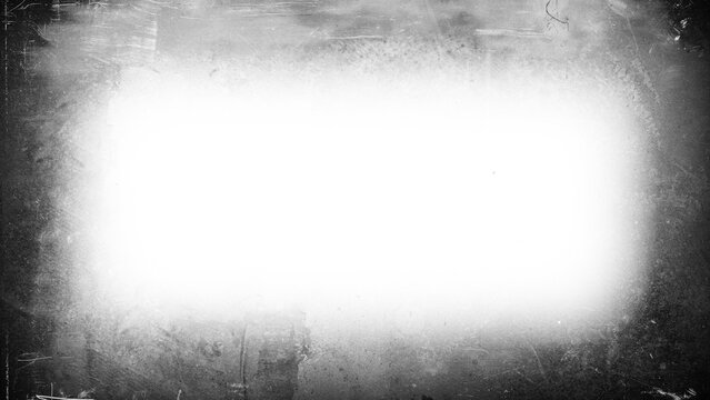 Grunge vignette edge overlay effect with worn old photograph texture on transparent background