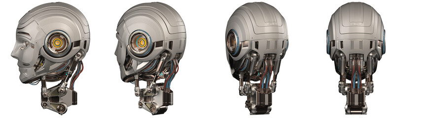 Futuristic robot head or very detailed humanoid face. Collage or set of four different angles. Isolated on transparent background. 3d rendering