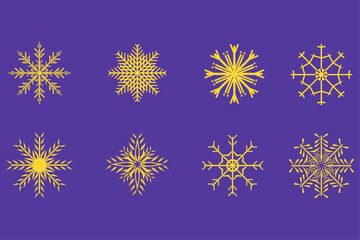 Group of yellow, golden Snowflakes on isolated blue background, Cute snowflakes collection isolated on white background. Flat snow icons templates