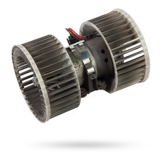 Heater fan - spare part and element of car air conditioning system on white isolated background. Auto service industry. Spare parts catalog.