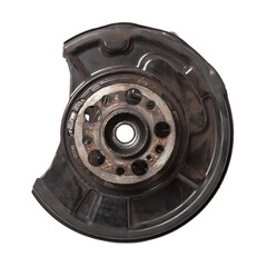 A close-up of a worn metal wheel hub with oil and rust elements on a white background. Seasonal...