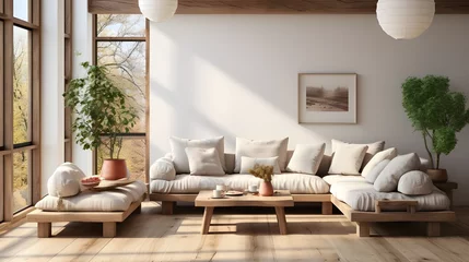 Foto op Canvas natural wood sofa living room couch with ottoman, in the style of simplicity, monochromatic color palettes © Muzikitooo