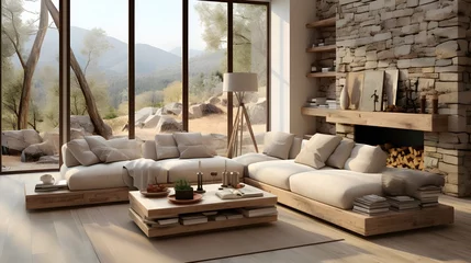 Fotobehang natural wood sofa living room couch with ottoman, in the style of simplicity, monochromatic color palettes © Muzikitooo