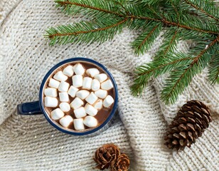 Cocoa, coffee, gift, fir branch, nuts, cones, cozy knitted blanket. Winter, New Year, Christmas