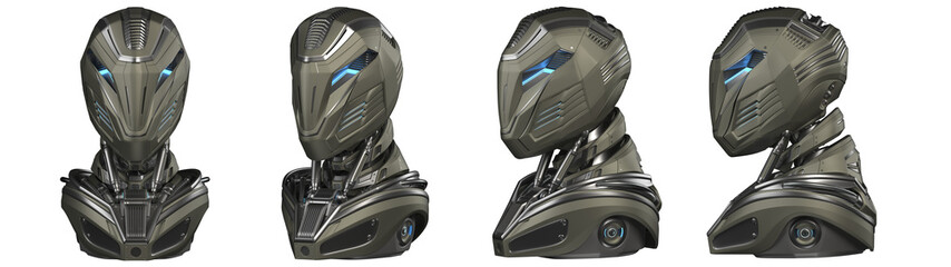 Futuristic robot head or very detailed humanoid face. Collage or set of four different angles. Isolated on transparent background. 3d rendering