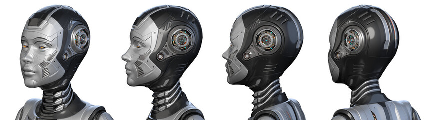 Futuristic robot woman or very detailed humanoid lady. Collage or set of four different angles of head or face. Isolated on transparent background. 3d rendering