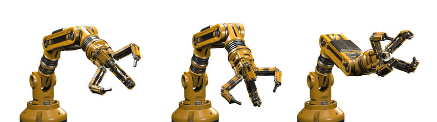 Robotic arm or yellow mechanical hand computing different movements. Industrial robot manipulator. Futuristic technology. Collage or set of three positions. 3d rendering isolated on transparent