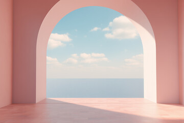 Empty pink room with arch and pillars - calming ocean view - peaceful lucid dream aesthetics - minimalist Architecture design - Contemporary Interior style with modern simplicity. 