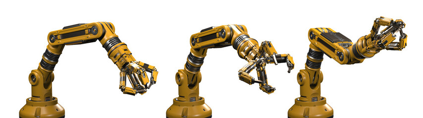Robotic arm or yellow mechanical hand computing different movements. Industrial robot manipulator. Futuristic technology. Collage or set of three positions. 3d rendering isolated on transparent