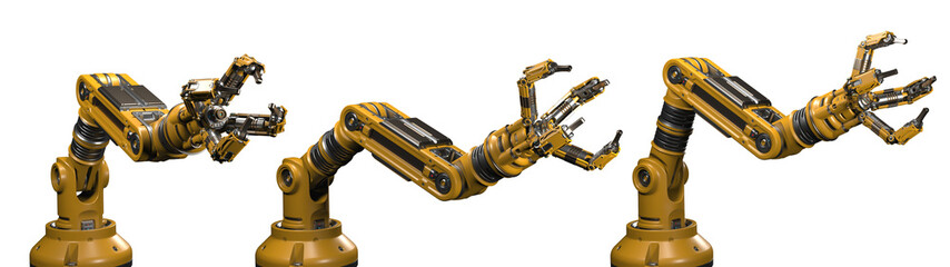Robotic arm or yellow mechanical hand computing different movements. Industrial robot manipulator. Futuristic technology. Collage or set of three positions. 3d rendering isolated on transparent