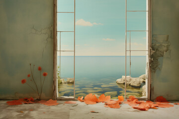 Empty abandoned interior room in ruin with a calming sunset ocean view - peaceful lucid dreamlike aesthetics - minimalist Architecture design simplicity.