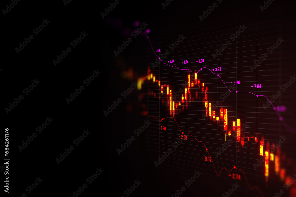Poster Abstract downward red candlestick forex chart on dark background with mock up place. Crisis, falling stock market and recession concept. 3D Rendering.