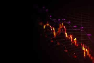 Abstract downward red candlestick forex chart on dark background with mock up place. Crisis, falling stock market and recession concept. 3D Rendering.