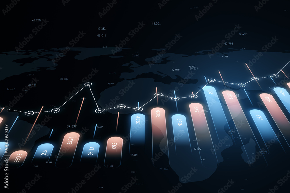 Poster financial growth charts on a global map with blue highlights. 3d rendering
