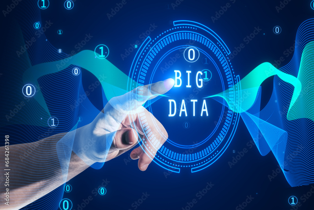 Poster Close up of businessman hand pointing at abstract round big data hologram with binary code on dark background. Stream information, filtering machine algorithm concept.