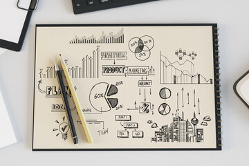 Business plan sketch with analytics and marketing diagrams on notepad. Strategic planning concept. 3D Rendering
