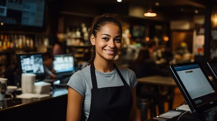 Happy woman, and portrait of barista at cafe for order, inventory or checking stock in management. Female person, waitress or employee on technology small business at coffee shop restaurant - obrazy, fototapety, plakaty